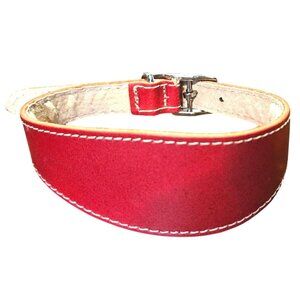 Handmade Leather Dog Collar 20" Adjustable Red w/ White Stitching & Soft Lining